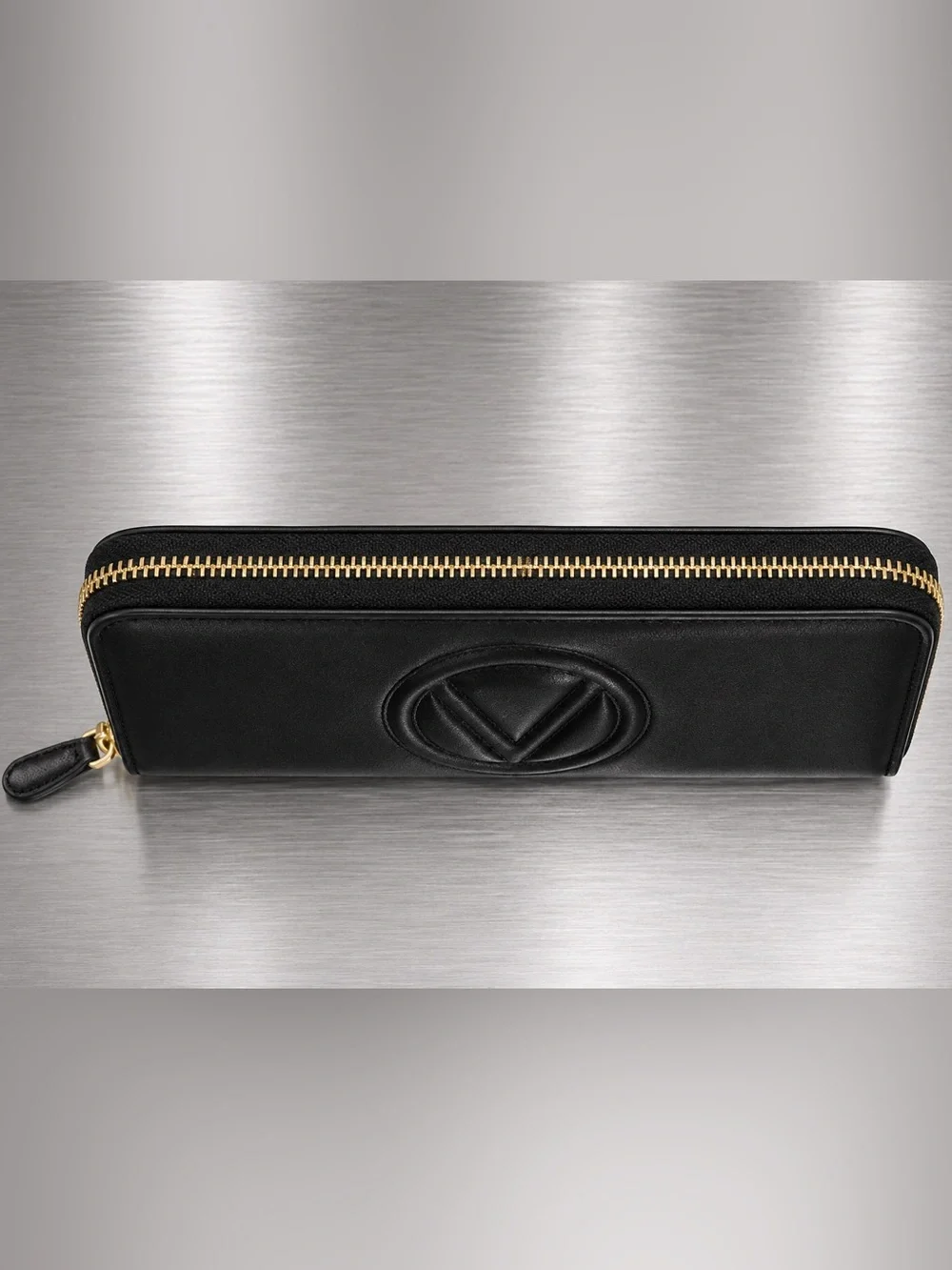 Mario Valentino Black V Logo Zip Around Wallet Gold Hardware NWOT